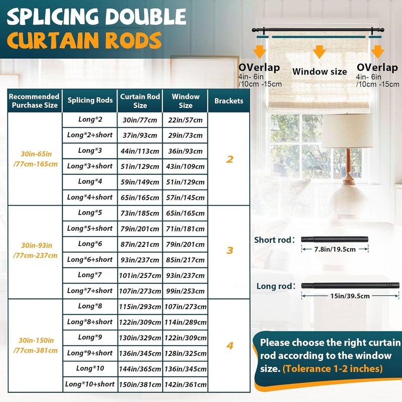 ABtool Black Double Curtain Rods for 30in-150in Windows with Brackets and Clip,1Inch Heavy Duty Dual Curtain Rod,Adjustable Decorative Curtain Rod for Window,Bathroom,Patio,Bedroom,Sliding Glass,Door - Image 2
